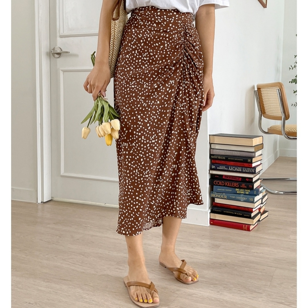 dot brown shirring skirt